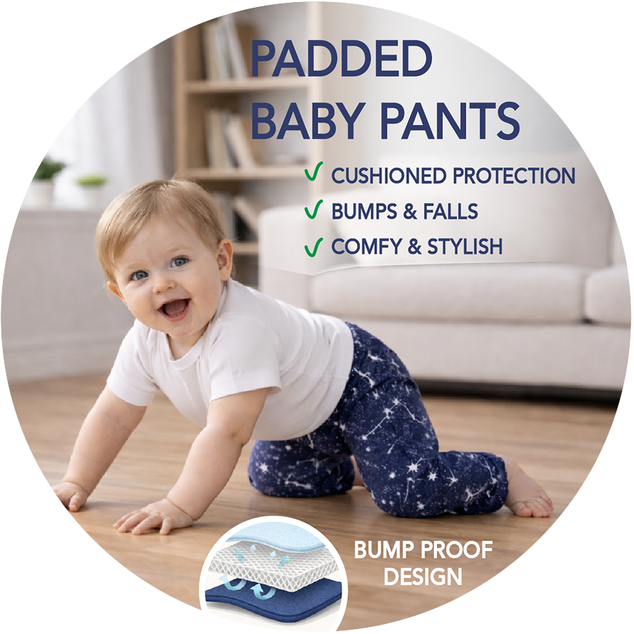 Baby crawling on a wooden floor wearing padded baby pants with text highlighting features.